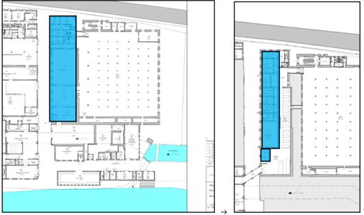 Ein Bauplan mit zwei blau eingezeichneten Flächen